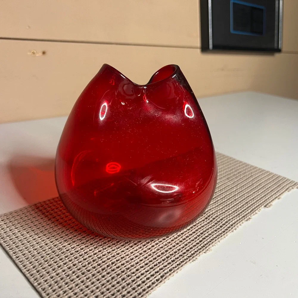 Vintage Ruby Red Hand Blown Art Glass Vase Pinched Rim Mid Century Modern 5